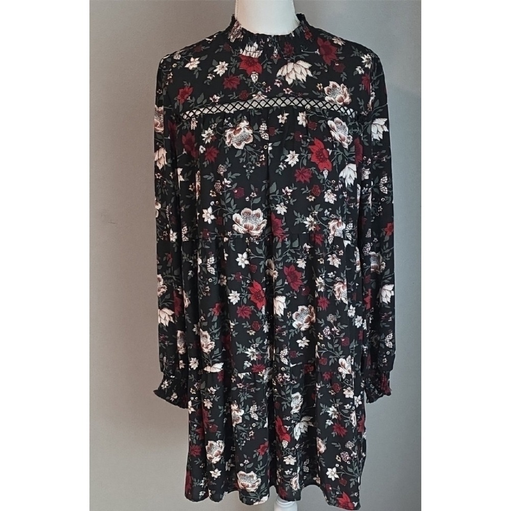 Ophelia‎ Roe Black Floral High Collar Shift Dress XL